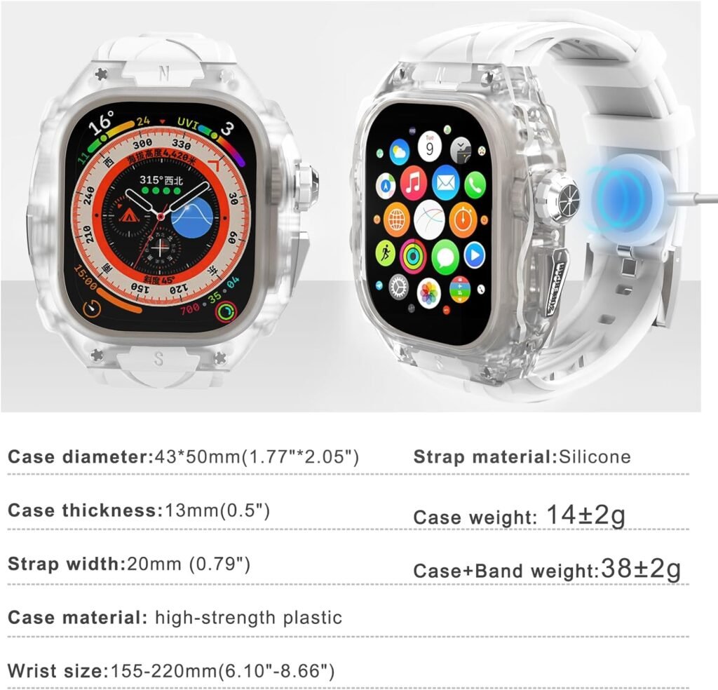 GLuYuan Luxury Translucent Smartwatch Case for Apple Watch Ultra 49mm, Fully wrapped lightweight rugged case with band, silicon strap, stainless steel buttons, protective cover for men/women