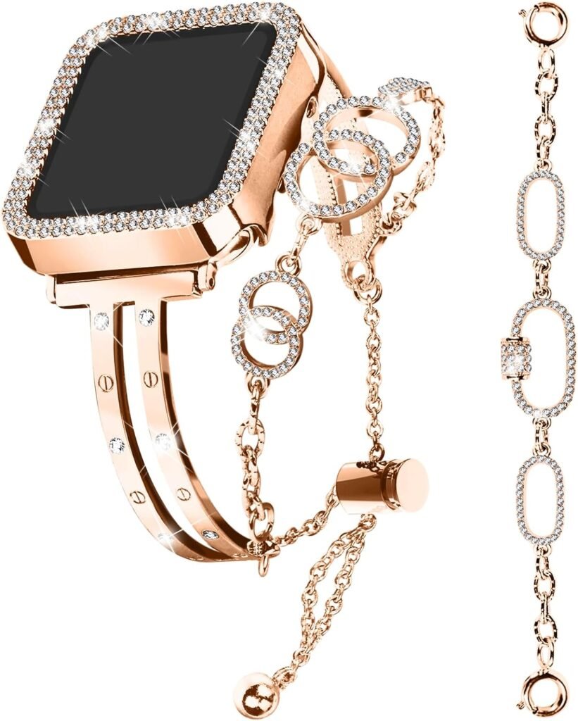 JOYOZY Bling Bands  Case Compatible with Apple Watch 38mm 40mm 41mm 42mm 44mm 45mm, Women Dressy Diamond Slim Fancy Metal Bracelet Chain Strap Rhinestone Bumper for iWatch Series 9/8/7/6/5/4/3/2/1/SE