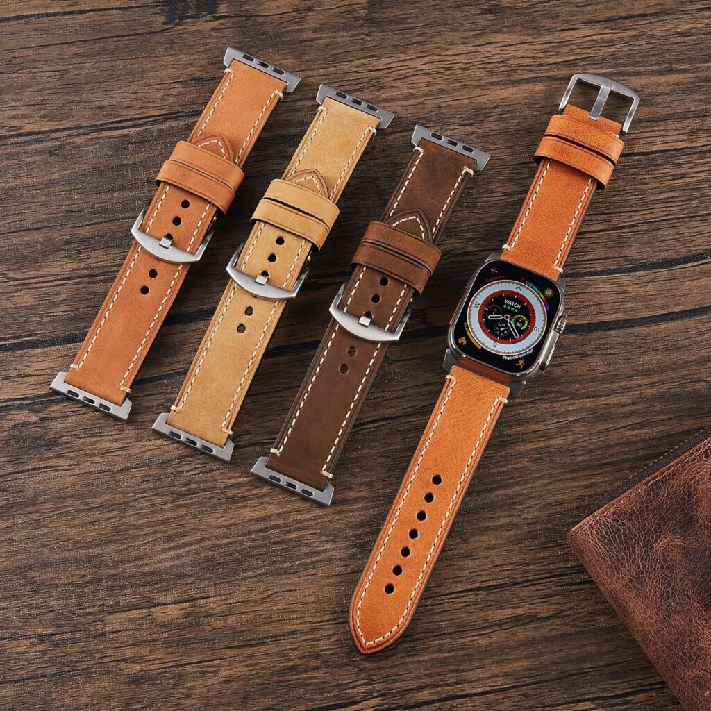 Leather Band Compatible with Apple Watch Ultra 2 / Ultra Band 49mm 45mm 44mm 42mm for Men Women, Genuine Leather Rough and Wide Band Strap for iWatch Ultra, Series 9 SE 8 7 6 5 4 Retro Brown