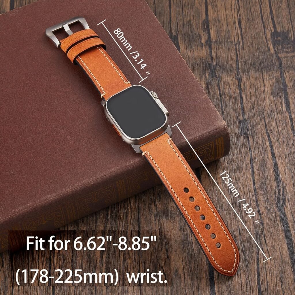 Leather Band Compatible with Apple Watch Ultra 2 / Ultra Band 49mm 45mm 44mm 42mm for Men Women, Genuine Leather Rough and Wide Band Strap for iWatch Ultra, Series 9 SE 8 7 6 5 4 Retro Brown