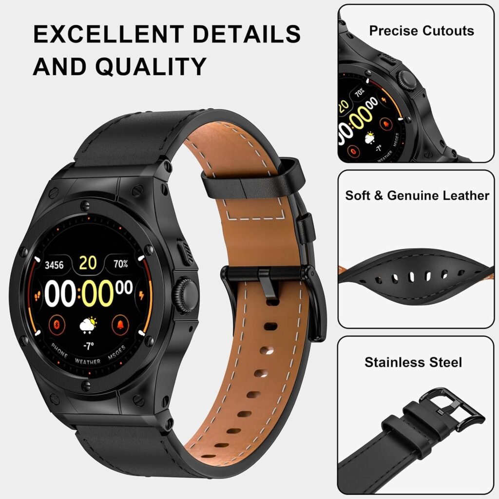 MioHHR Leather Watch Bands with Stainless Steel Case Compatible with Google Pixel Watch 1/ Pixel Watch 2,Genuine Leather Replacement Bands for Google Pixel Watch Women Men,Black