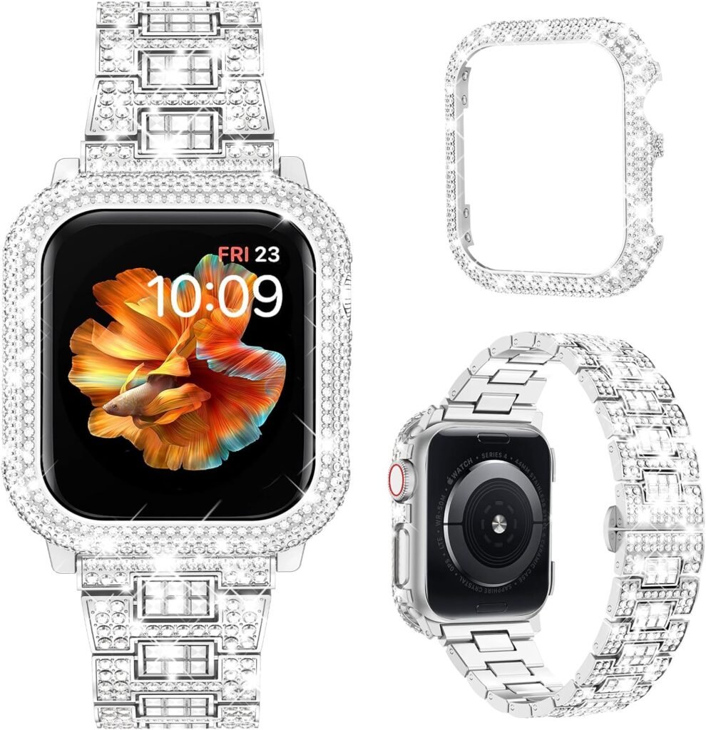 Mosonio Compatible with Bling Apple Watch Band Women 40mm 44mm 41mm 45mm with Shiny Metal Case, Full Sparking Luxury Diamond Bands and Cover Set, Cute Charming Strap for iWatch SE Series 9/8/7/6/5/4