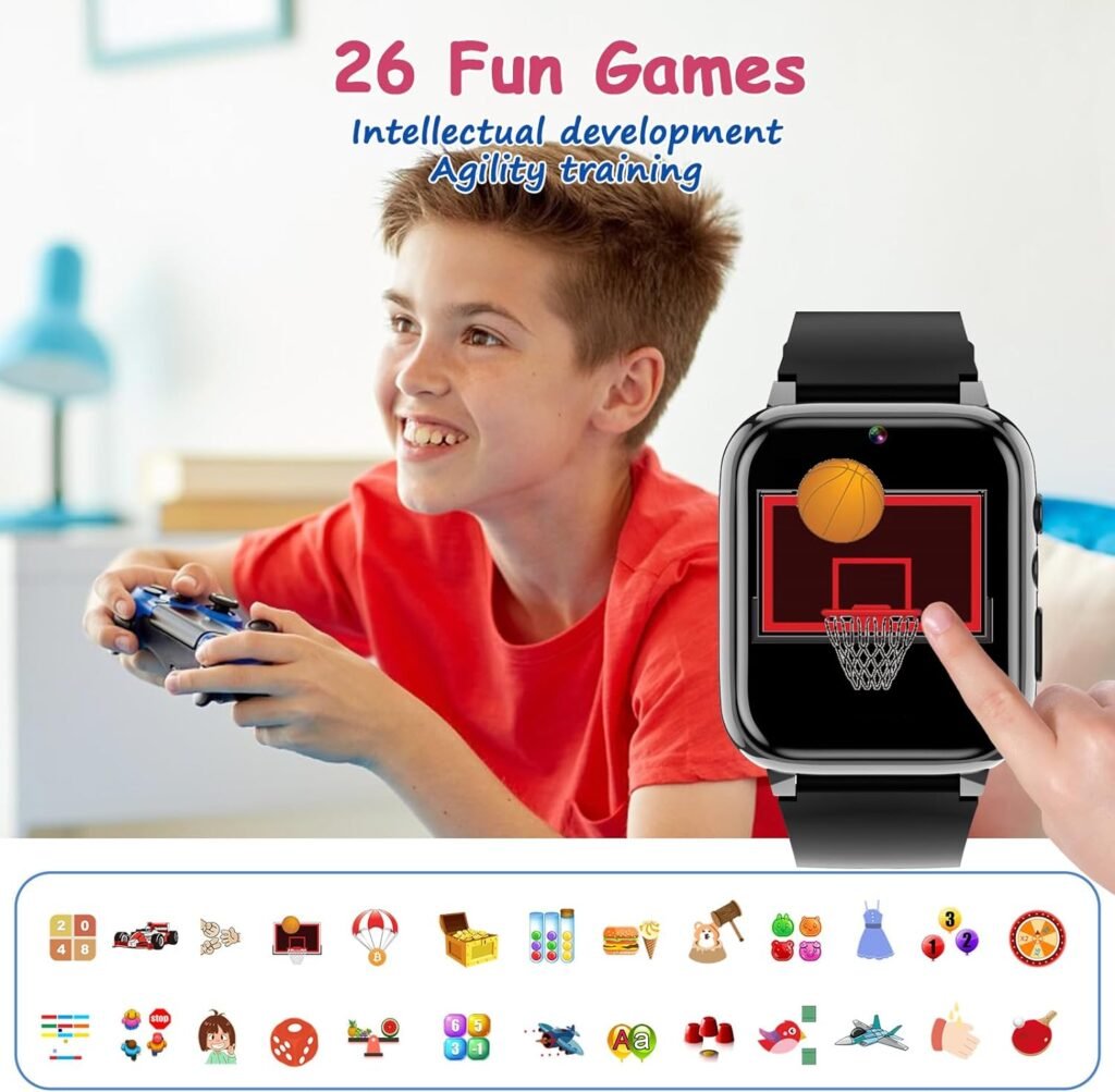 Smart Watch for Kids 4-12 Years Boys Girls, 26 Puzzle Games,HD Camera,Video Music Player,Pedometer,Flashlight,Calendar Stopwatch Timer,Alarm Clock, Aluminum Case,Sport Band (Pink)