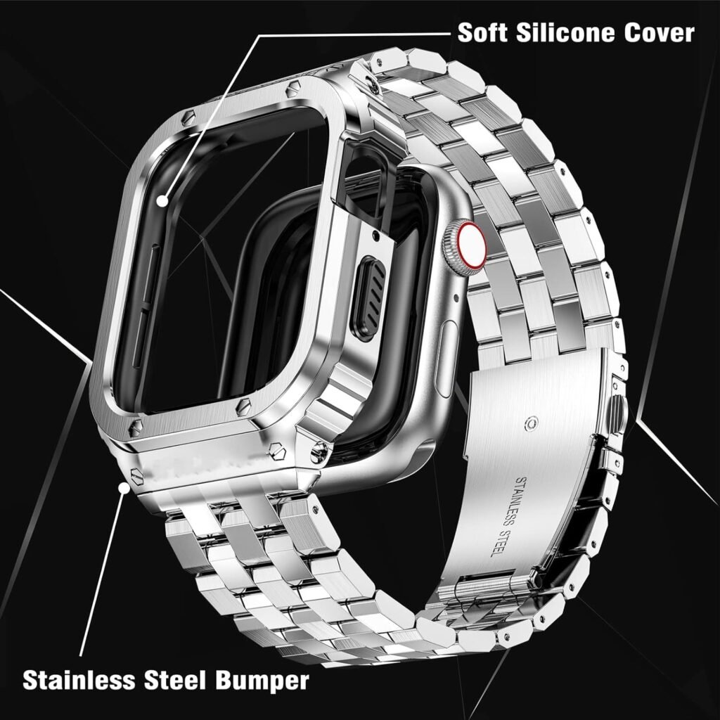 SUPLINK Stainless Steel Case and Bands Compatible with Apple Watch Band 38mm 40mm 41mm, Metal Rugged Cover Strap Accessory for iWatch Apple Watch Series 9 8 7 6 5 4 3 2 1 SE Men Women Silver