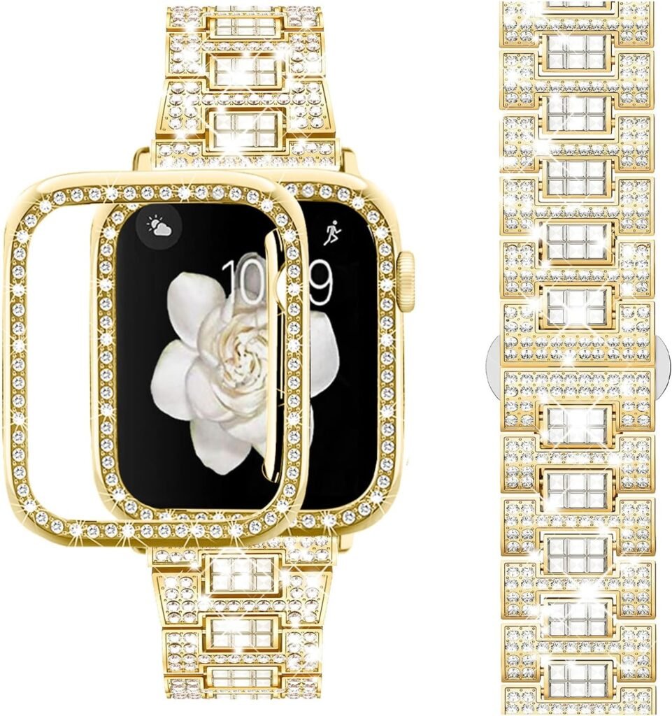 Supoix Compatible with Apple Watch Band 38mm 40mm 41mm 42mm 44mm 45mm 49mm+ Case, Women Jewelry Bling Diamond Rhinestone Replacement Metal Strap 2 Pack PC Protector Case for iWatch Ultra 2/ Ultra Series 9/8/7/6/5/4/3/2/1/SE