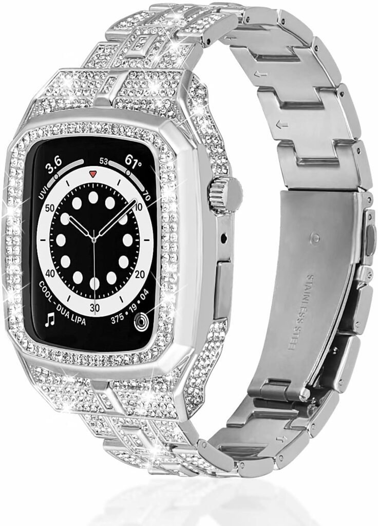 VISOOM Metal Band with Case Compatible with Apple Watch 44mm bands-Bling luxury Apple Watch Strap 44mm for iWatch Series SE Series 6/5/4 Accessories Replacement for Men Women